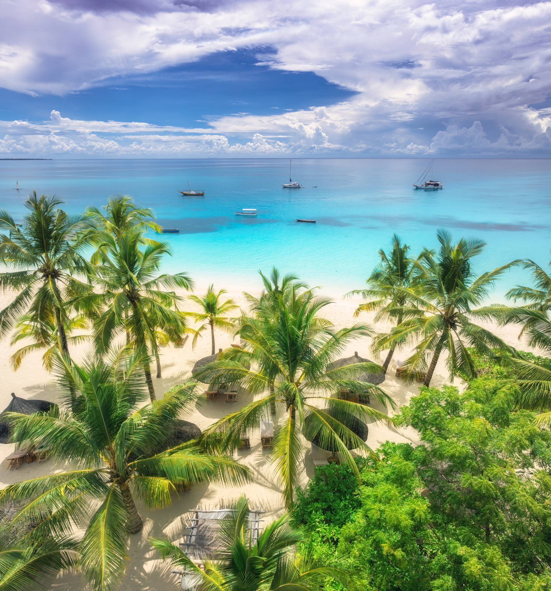 Aerial view of sandy beach with palm trees, umbrellas, boats, sea